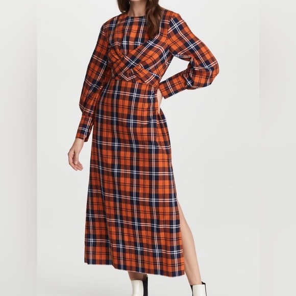 Staud Crosshill Dress in Poppy Plaid Orange Blue White - Picture 7 of 7
